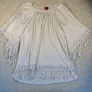 Sunny Leigh Cream Crochet Fringe Trim Top Off Shoulder‎ Boho Tunic Size M